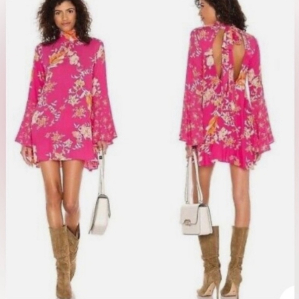 Free People Boho Pink Floral Open Back Bell Sleeve Tunic Mini Dress